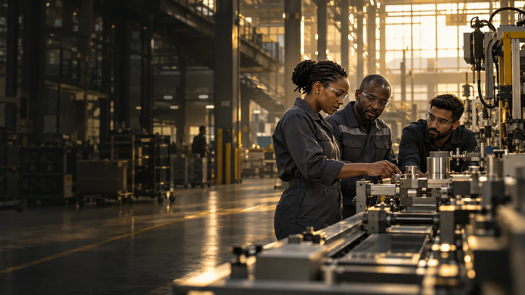 Global factory team examining a production line