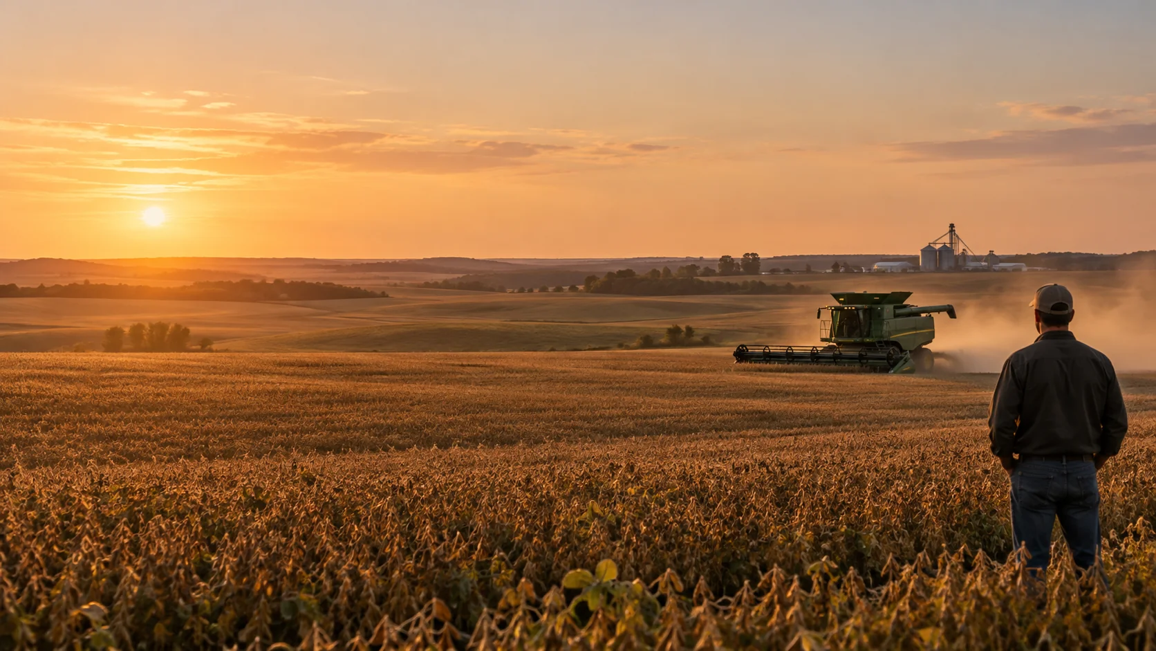 Sunlit farmland and a combine harvester